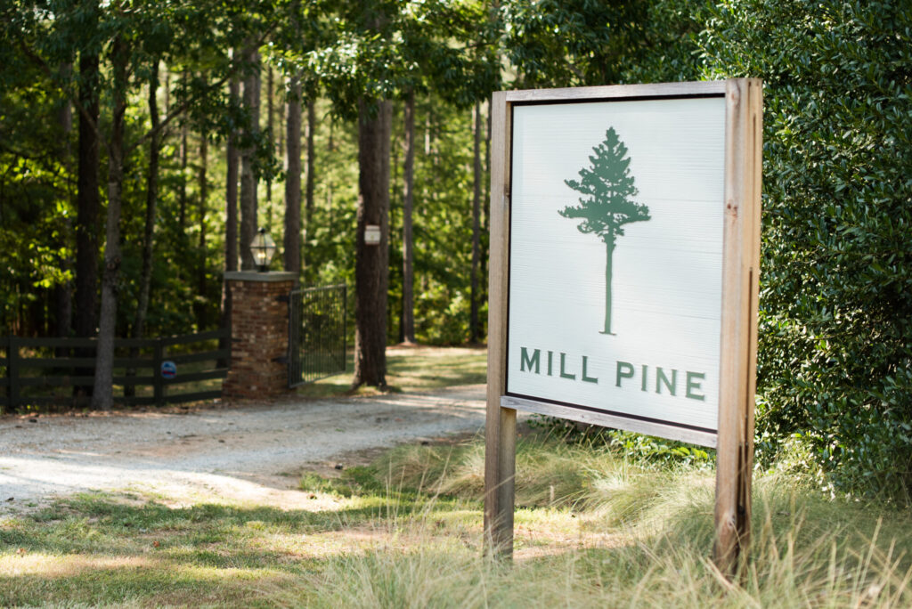 Mill Pine venue sign welcoming caregivers for wellness and respite.