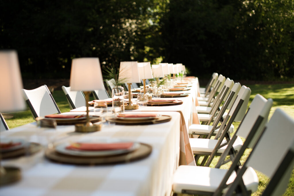 Outdoor dining table set for caregivers at a wellness retreat.
